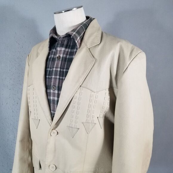 Oscar Piel leather blazer sport coat jacket men's Large Beige 2 tone Western - Picture 9 of 16